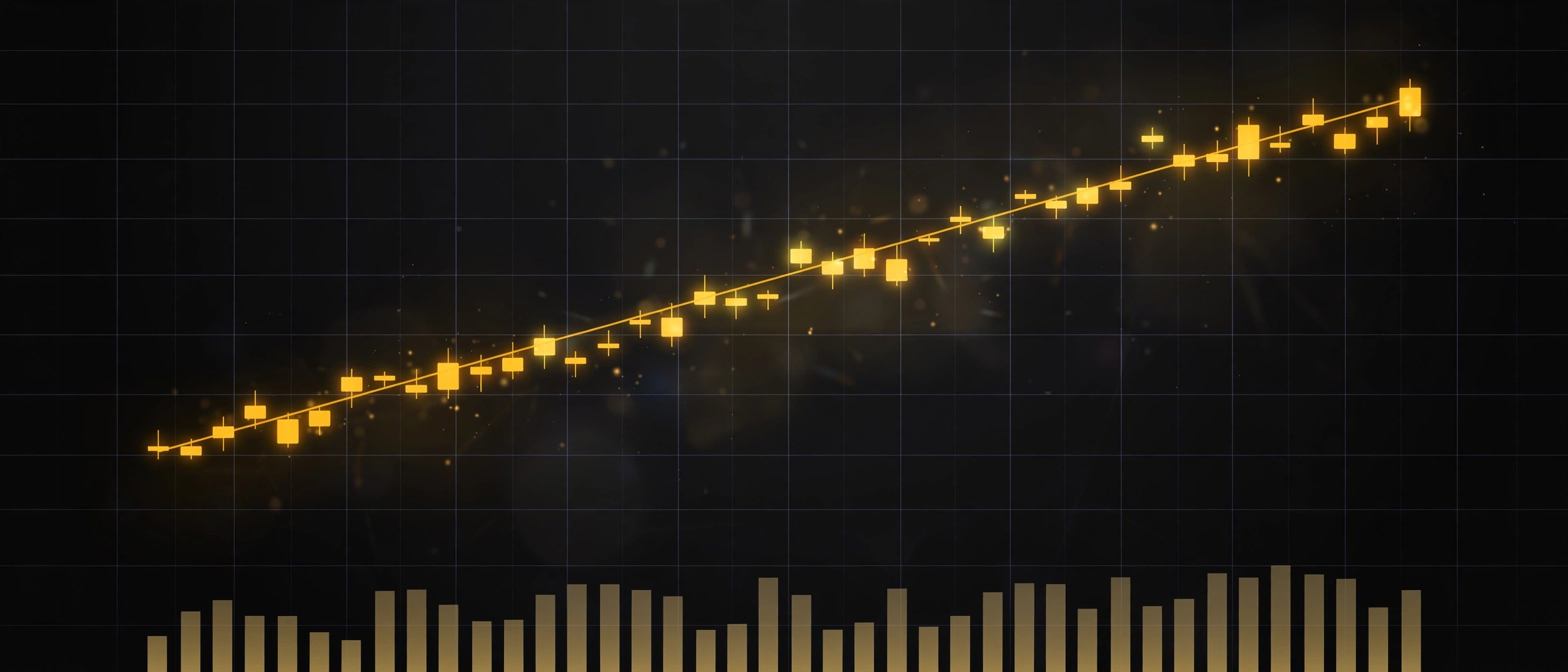 Gold candlestick chart rising on a dark trading terminal